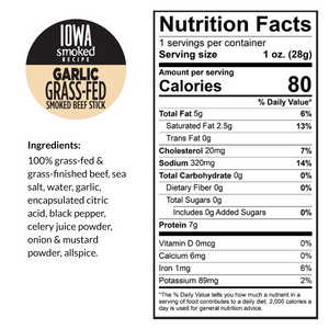 Garlic - Iowa Smoked Recipe, 100% Grass-Fed Beef Sticks (20% Off: LIGHTWEIGHT, total weight will still be 12 or 24 ounces depending on pack count, Best By Date of 9/14/2024, ALL SALES ARE FINAL)
